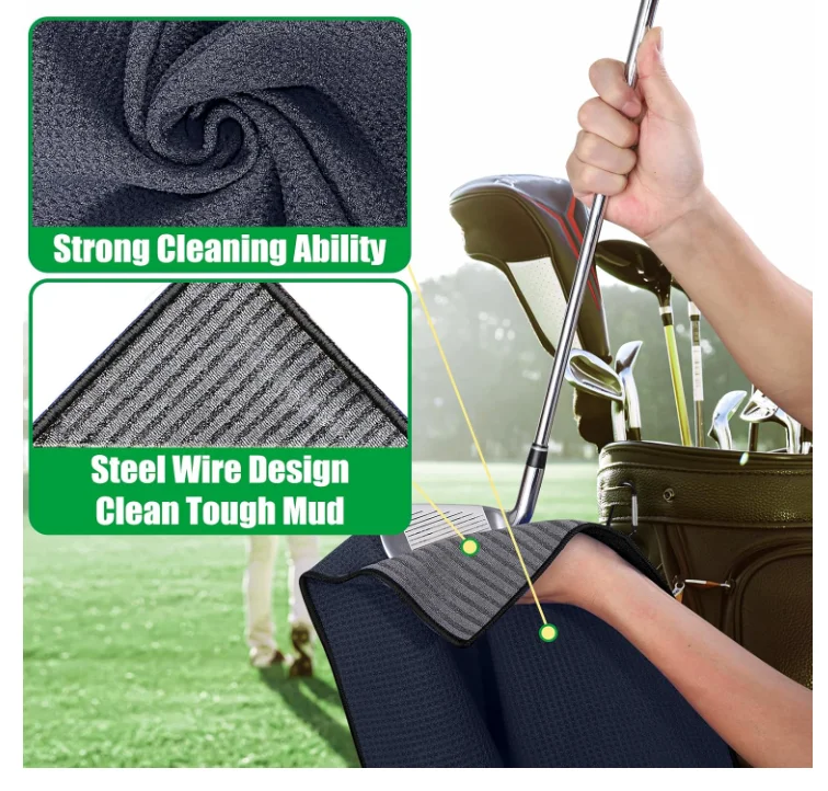 Customized Logo Microfiber Waffle Golf Towel Magnetic Button Carabiner Clip - Image 2