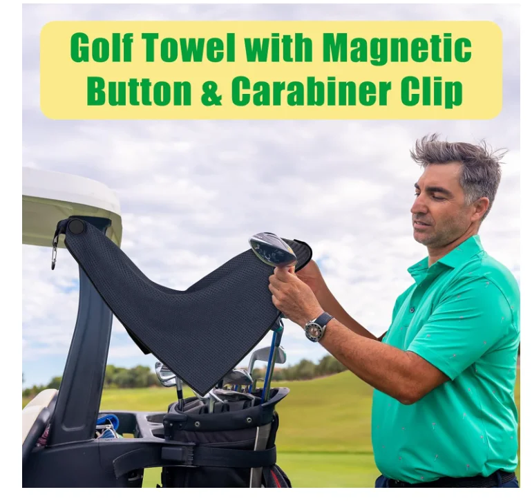 Customized Logo Microfiber Waffle Golf Towel Magnetic Button Carabiner Clip - Image 5