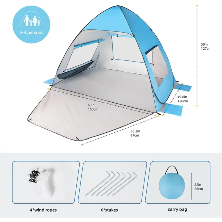 Customized Polyester Beach Tent UPF50 Waterproof Windproof Silver Coated Stable - Image 4