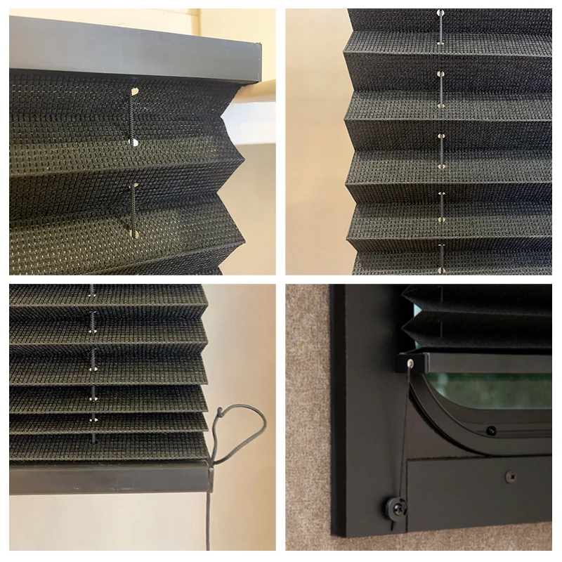 Folding Window Shade Built-In Black Pleated Blinds Vertical Pattern Paper Pinhole - Image 4