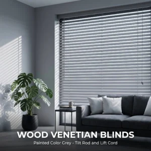 Grey Wood Venetian Blinds 50mm Slats Custom Size OEM Tilt Rod Lift Cord