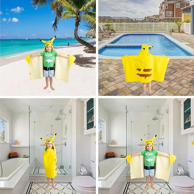 Kids Cartoon Pikachu Hooded Towel Wrap 24x50 Inch Microfiber Terry Beach Pool - Image 3