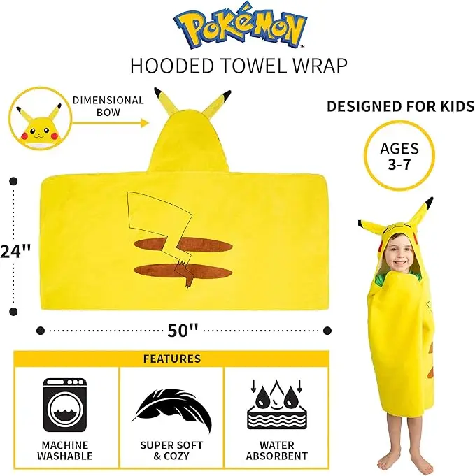 Kids Cartoon Pikachu Hooded Towel Wrap 24x50 Inch Microfiber Terry Beach Pool - Image 4
