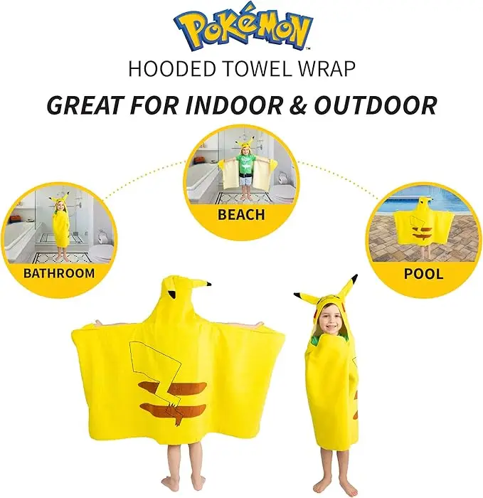 Kids Cartoon Pikachu Hooded Towel Wrap 24x50 Inch Microfiber Terry Beach Pool - Image 5