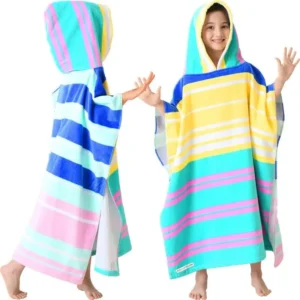 Kids Microfiber Poncho Towel Hooded Stripe Quick Dry Swim Beach Bath