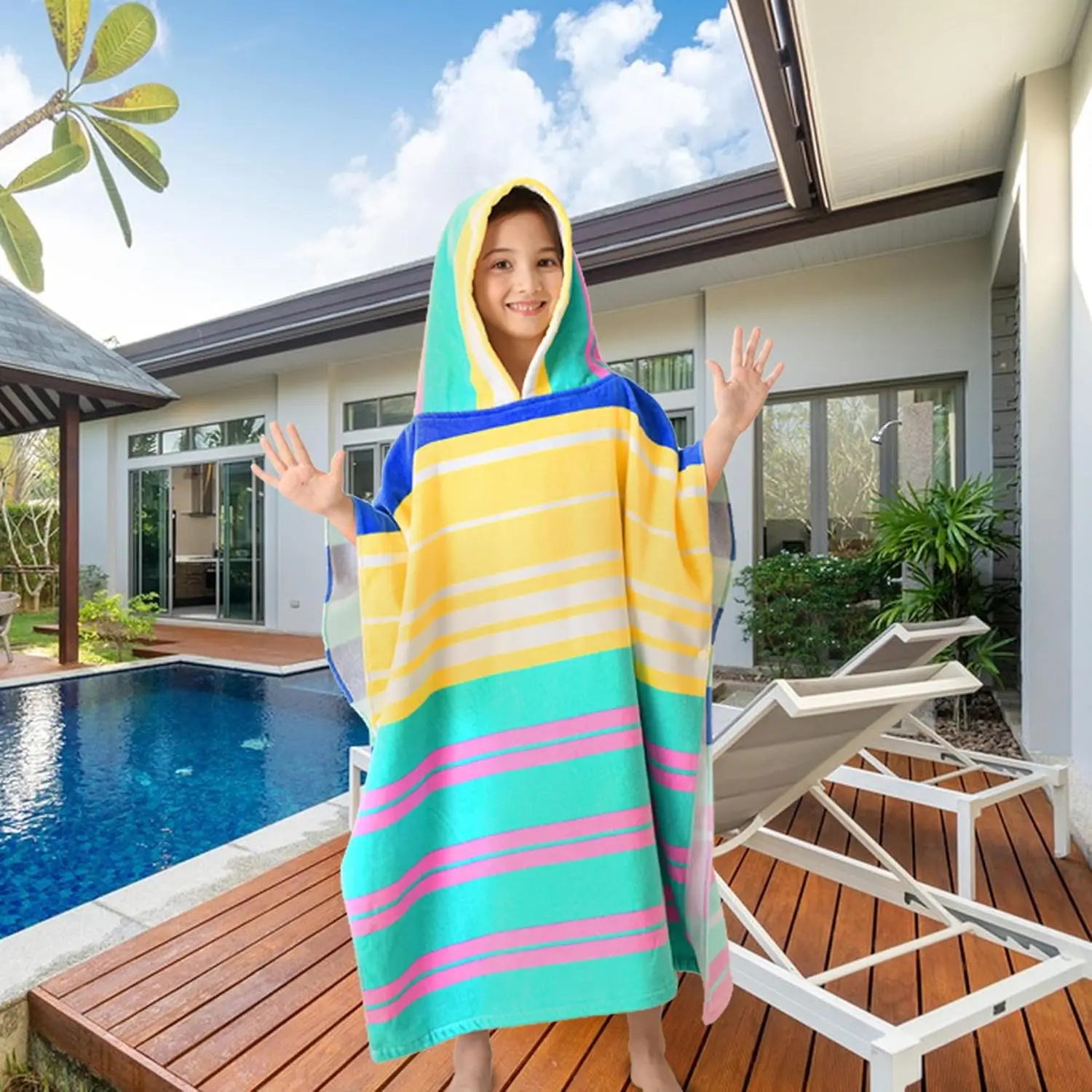 Kids Microfiber Poncho Towel Hooded Stripe Quick Dry Swim Beach Bath - Image 3