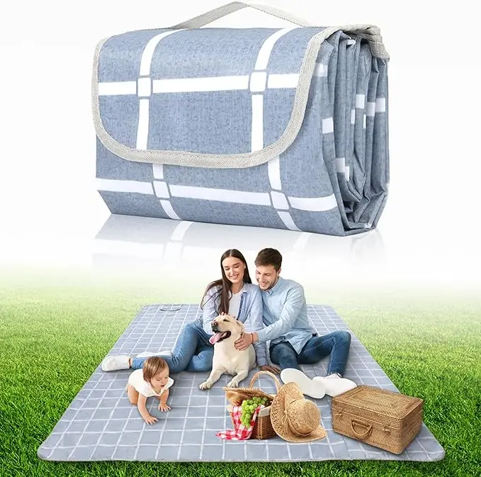 Large Waterproof Sandfree Picnic Blanket - Thick Microfiber Beach Mat with Stakes and Strap