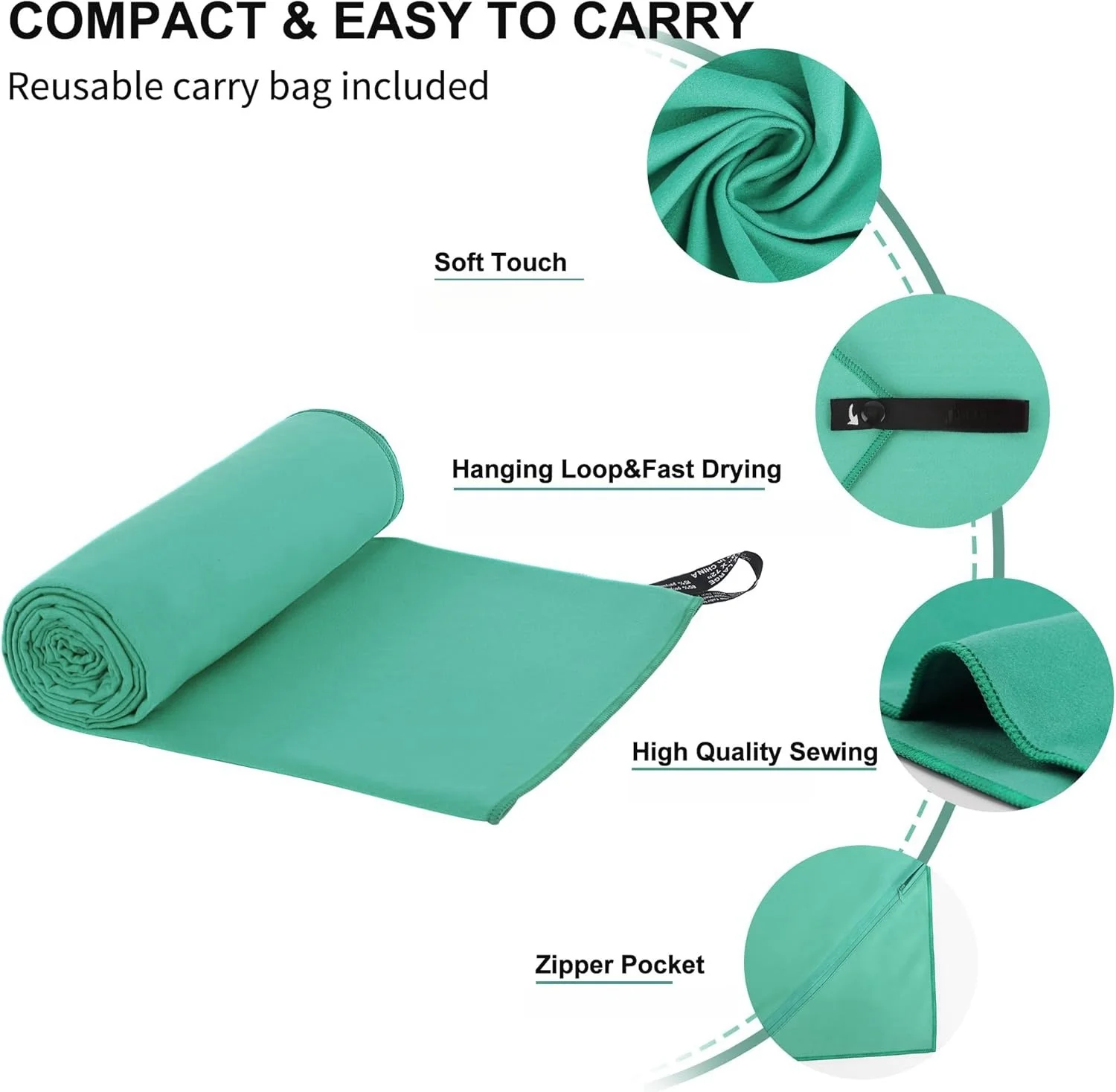 Microfiber Antimicrobial Beach Towel Quick-Dry Sand-Free with Zipper Pocket - Image 2