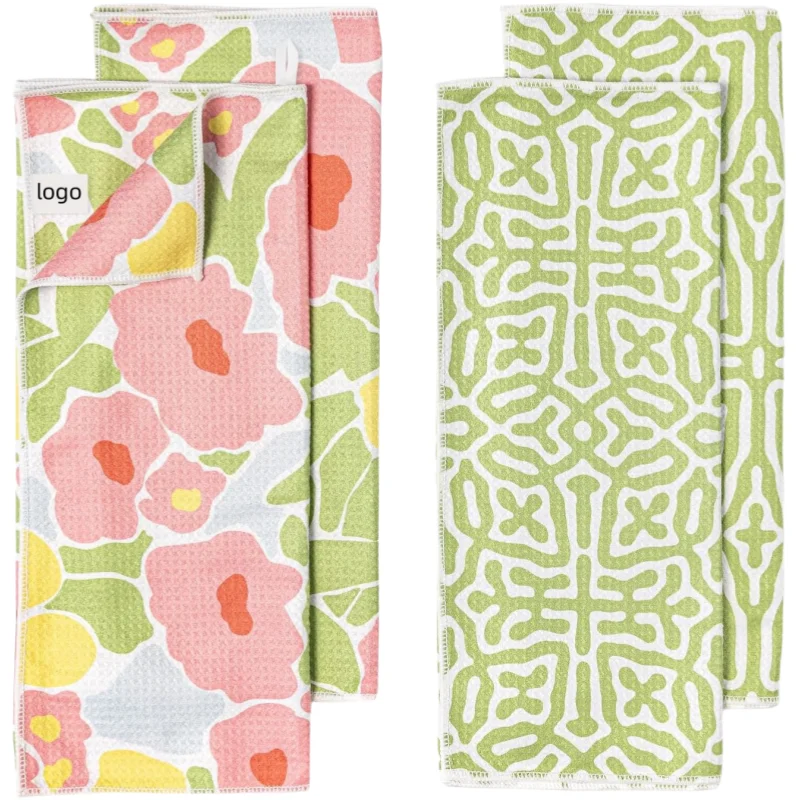 Microfiber Waffle Weave Dish Towel Quick-Dry Absorbent Custom Pattern Sustainable