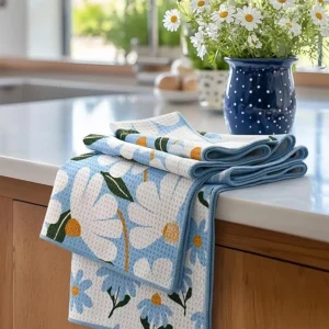 Microfiber Waffle Weave Floral Print Kitchen Towels Absorbent Lint-Free Dish Cloths