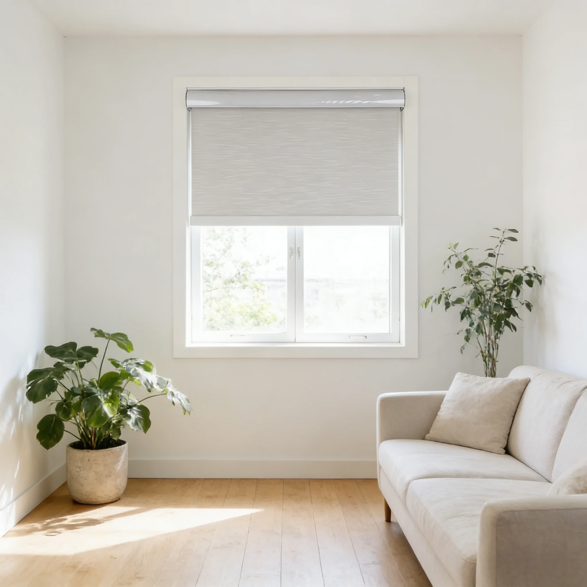 Modern Minimalist White Motorized Roller Shades for Indoor Windows