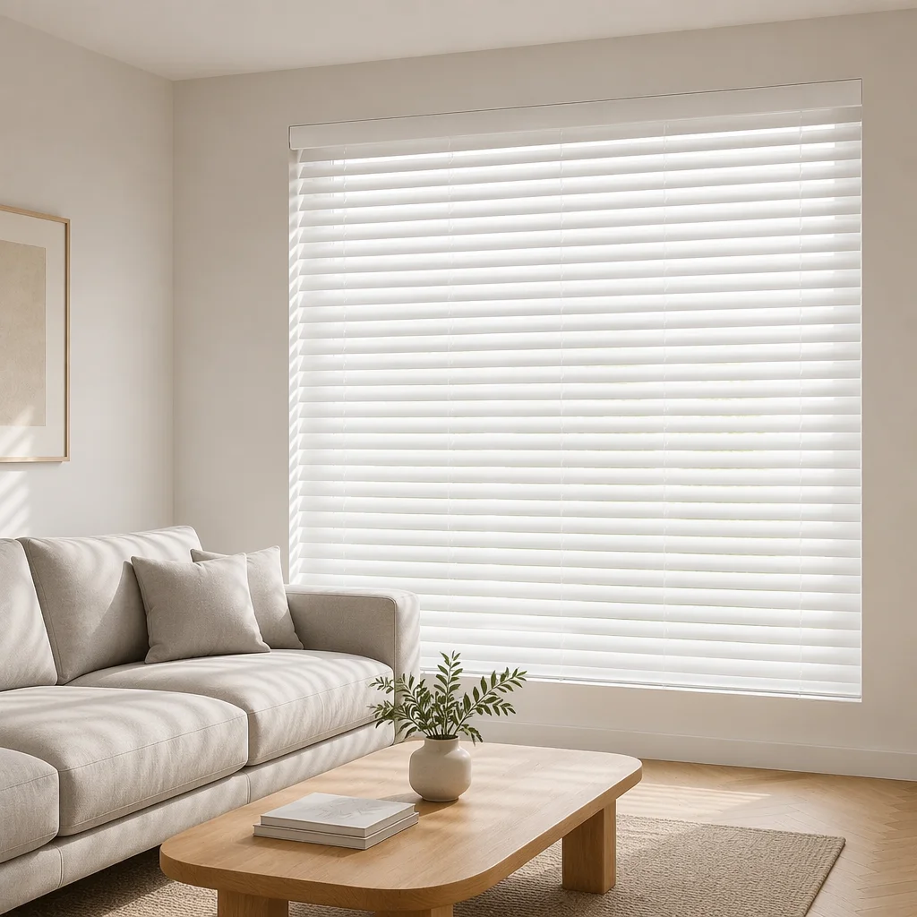 Motorized 50mm Wood Blinds White UV Blocking RF Remote Custom Size Living Room