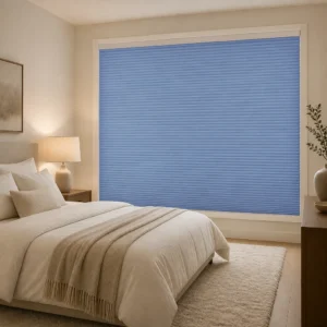 Motorized Honeycomb Blinds 25mm Cell Full Blackout Light Blue Polyester Custom Size