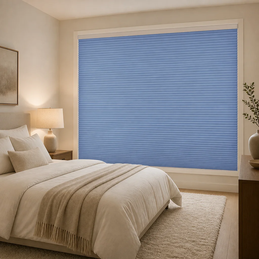 Motorized Honeycomb Blinds 25mm Cell Full Blackout Light Blue Polyester Custom Size