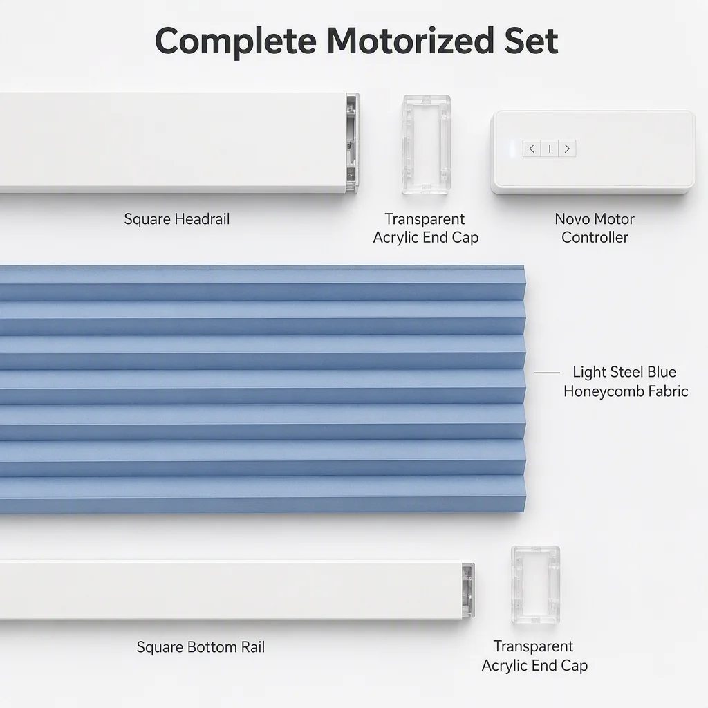 Motorized Honeycomb Blinds Full Blackout Light Blue 25mm Thermal Insulation Custom Size OEM - Image 2