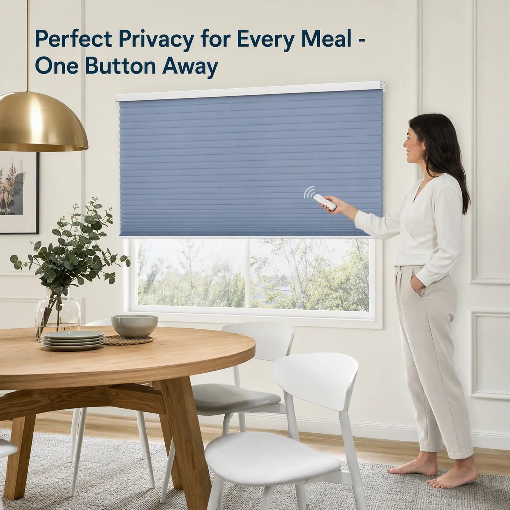Motorized Honeycomb Blinds Full Blackout Light Blue 25mm Thermal Insulation Custom Size OEM - Image 3