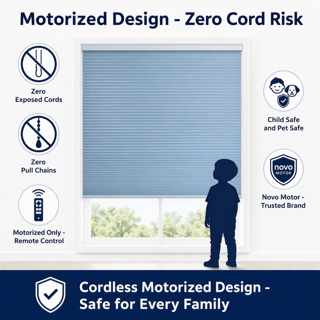 Motorized Honeycomb Blinds Full Blackout Light Blue 25mm Thermal Insulation Custom Size OEM - Image 5