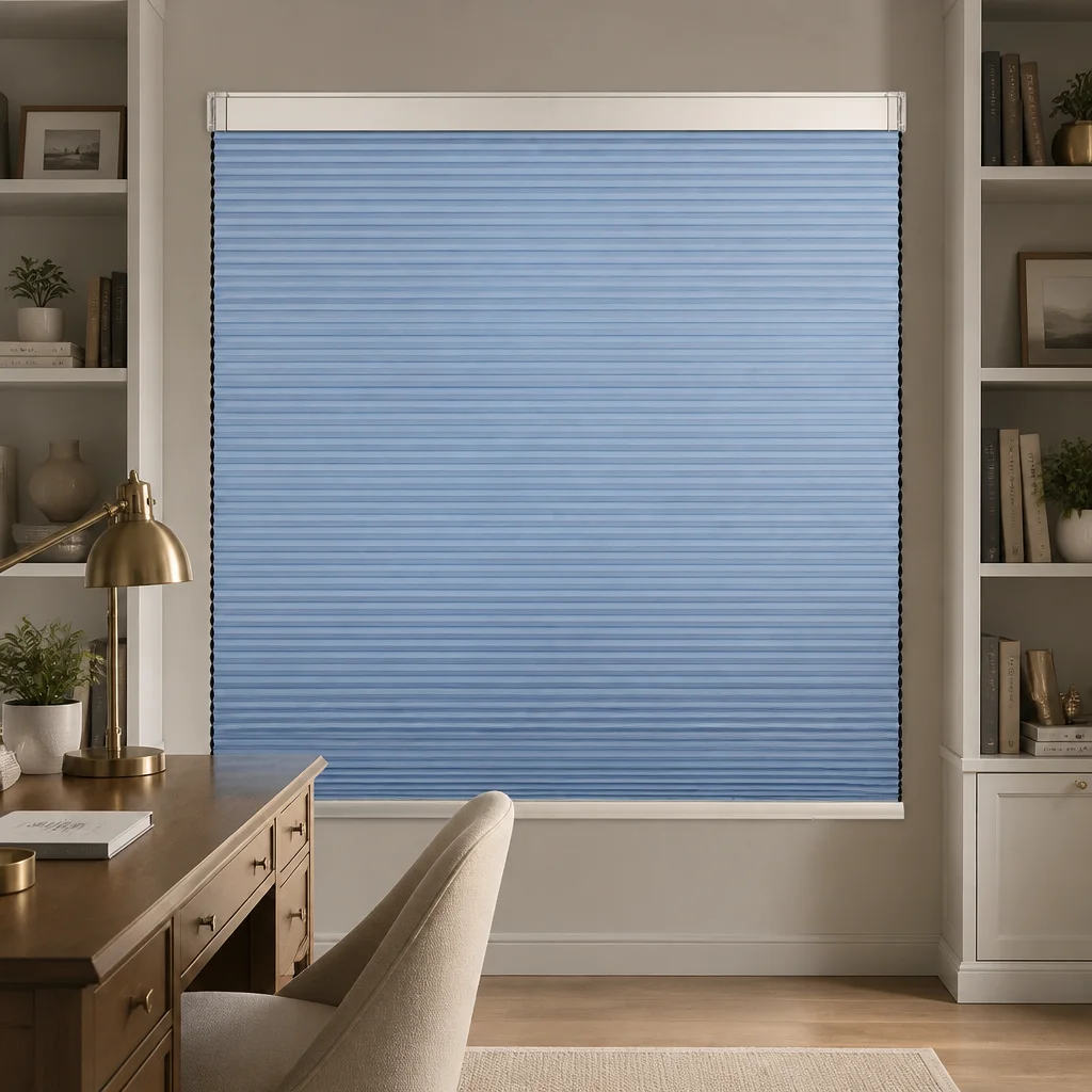 Motorized Honeycomb Blinds Full Blackout Light Blue Polyester 25mm Cell Custom Size