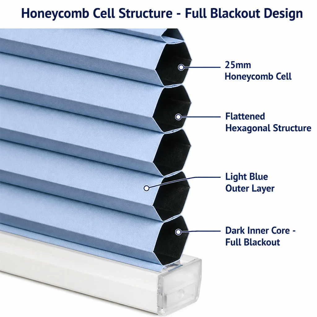 Motorized Honeycomb Blinds Full Blackout Light Blue Polyester 25mm Cell Custom Size - Image 3