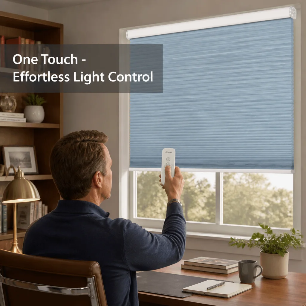 Motorized Honeycomb Blinds Full Blackout Light Blue Polyester 25mm Cell Custom Size - Image 6