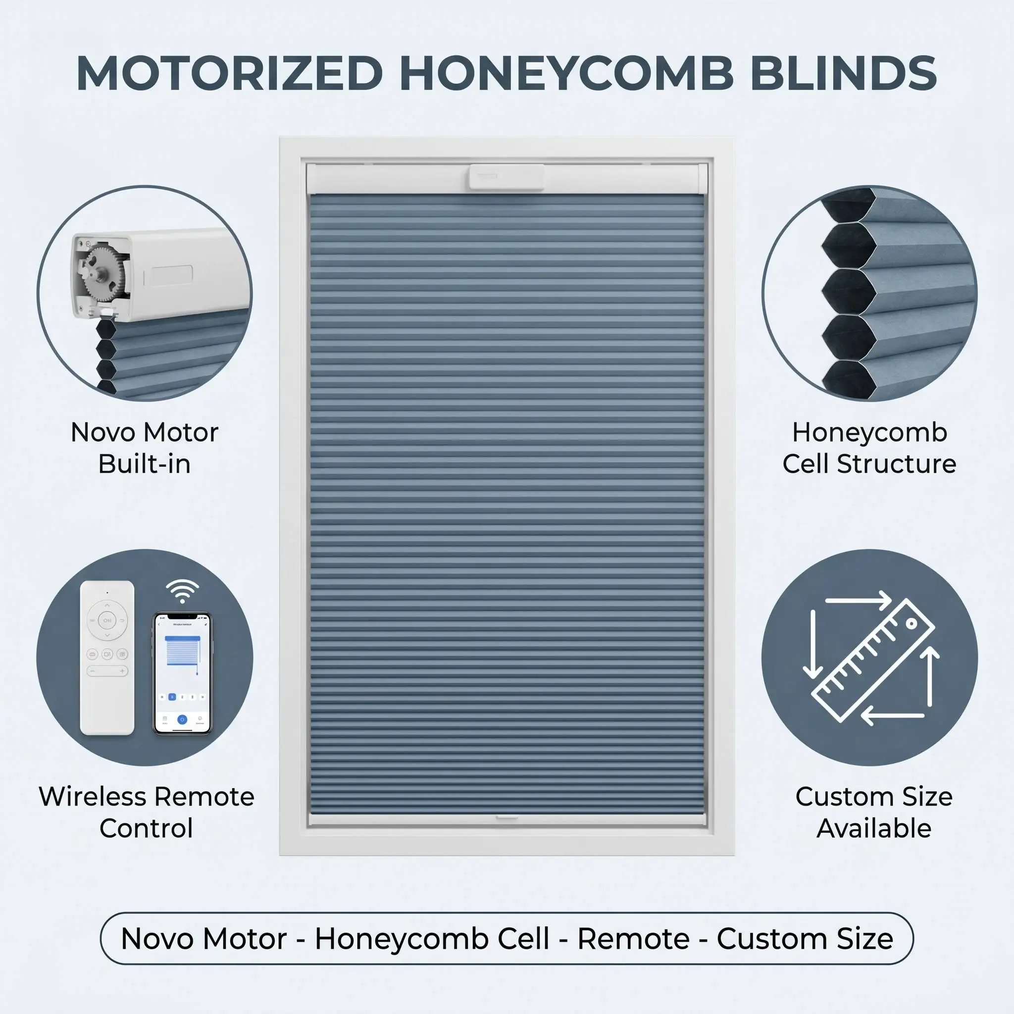 Motorized Honeycomb Blinds Novo Motor Single Cell Thermal Insulation Cordless Remote Custom Size OEM Factory Direct - Image 2