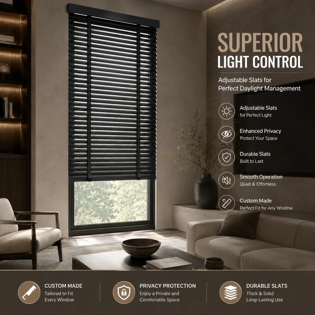 Motorized Paulownia Wood Blinds Electric Remote Control Adjustable Slats