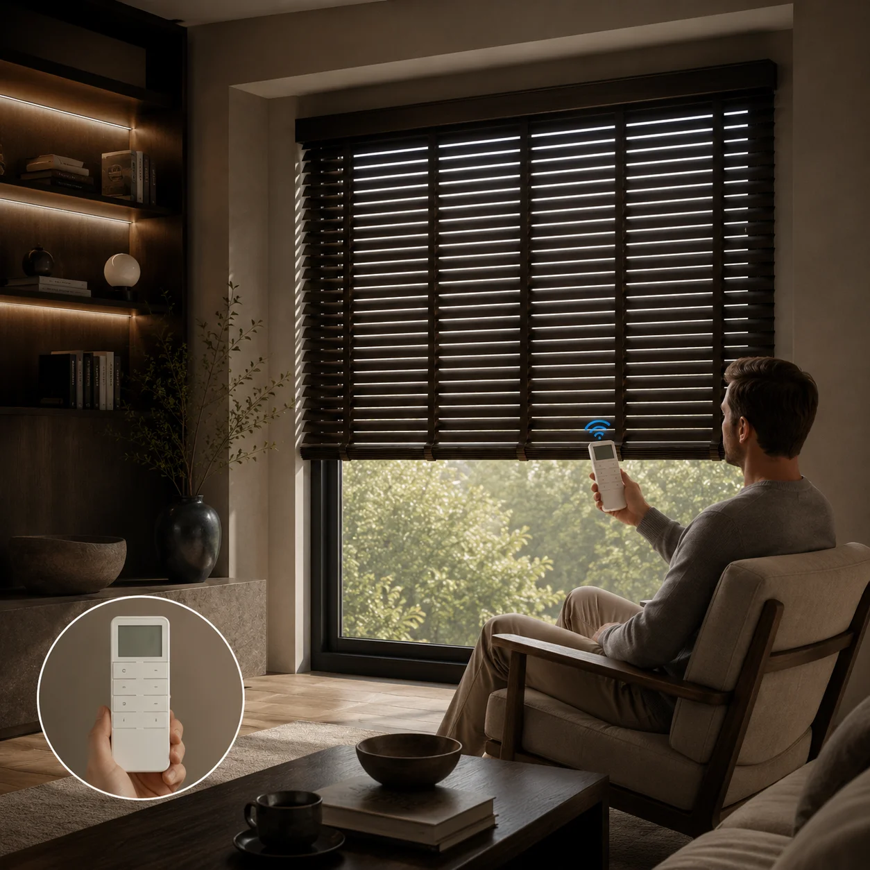 Motorized Paulownia Wood Blinds Electric Remote Control Adjustable Slats - Image 2