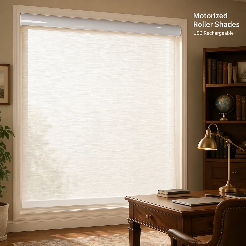 Motorized Roller Shades Anti-UV Semi-Sheer USB Rechargeable Remote Control Custom Arc Headrail Study Room - Image 2