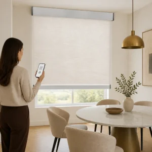 Motorized Roller Shades Cream White RF Remote Smart App Alexa Google Square Headrail Custom Size Dining Room Hotel OEM