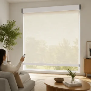 Motorized Roller Shades Cream White Semi-Sheer RF Remote App Control Square Headrail Custom Size