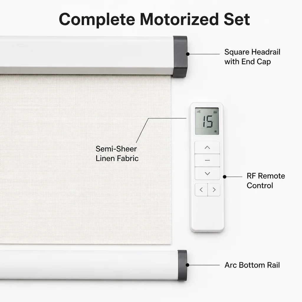 Motorized Roller Shades Cream White Semi-Sheer RF Remote App Control Square Headrail Custom Size - Image 3