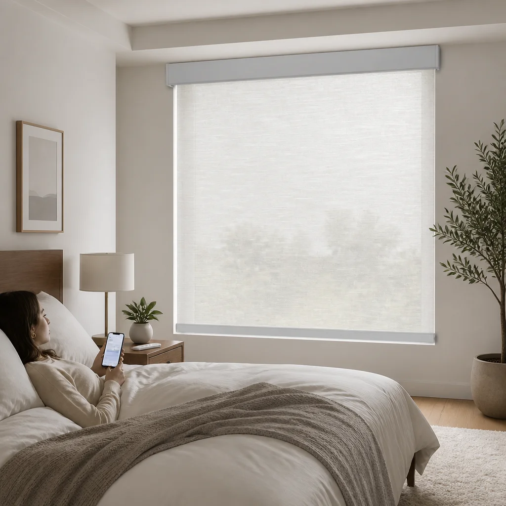 Motorized Roller Shades Polyester Semi-Sheer Cream RF Remote App Voice Control Custom Bedroom