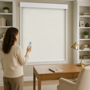 Motorized Roller Shades Semi-Sheer Cream White RF Remote Custom Size Square Headrail Arc Bottom Rail