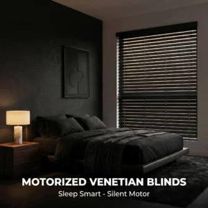 Motorized Wood Venetian Blinds 50mm A-OK Motor Wireless Remote Custom Size Factory Painted