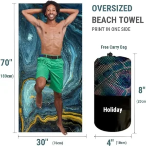 Oversized Microfiber Beach Towel Sand Free Quick Dry Lightweight Travel Marble Gold Print