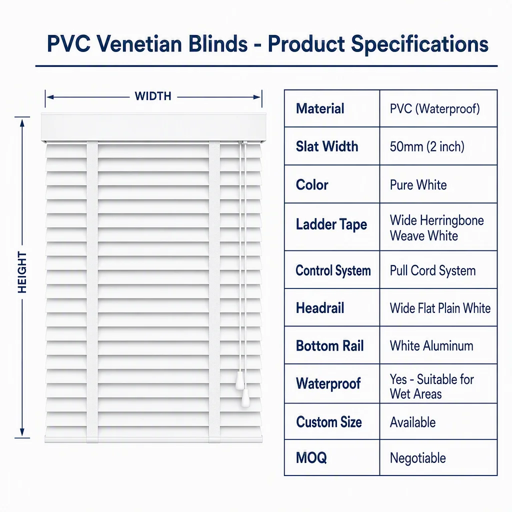 PVC 50mm White Venetian Blinds Waterproof Custom Size Cord Ladder Tape - Image 3