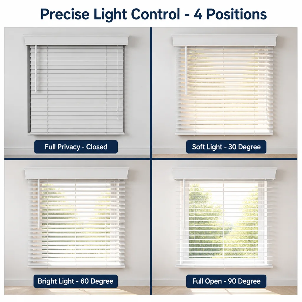 PVC Venetian Blinds 50mm White Crown Headrail Tilt Wand Pull Cord Waterproof Custom Size - Image 4