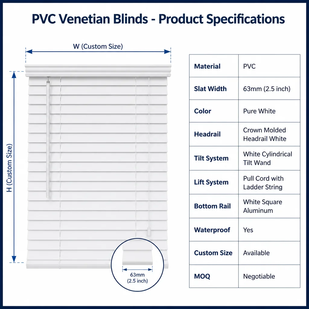 PVC Venetian Blinds 50mm White Crown Headrail Tilt Wand Pull Cord Waterproof Custom Size - Image 6