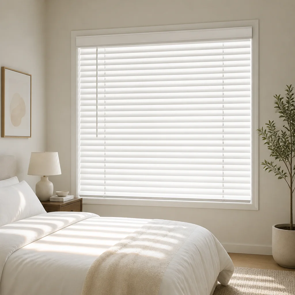 PVC Venetian Blinds 63mm White Crown Headrail Tilt Wand Pull Cord Privacy UV Blocking Custom Size