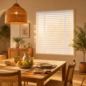 Painted White Solid Wood Venetian Blinds 50mm Ladder String Custom Dining Room