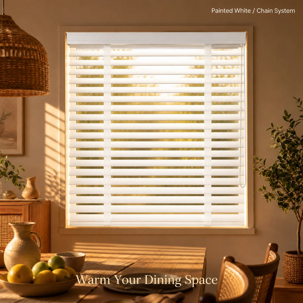 Painted White Solid Wood Venetian Blinds 50mm Ladder String Custom Dining Room - Image 2