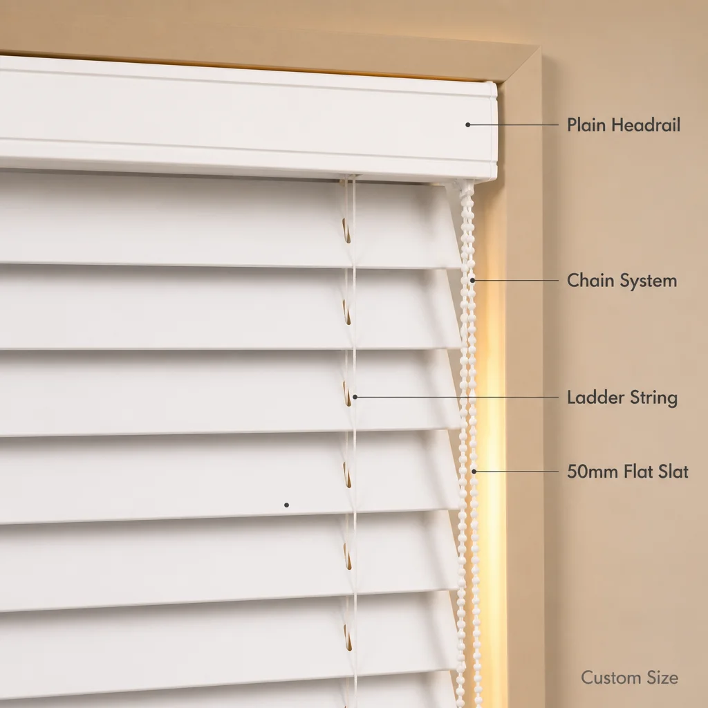 Painted White Solid Wood Venetian Blinds 50mm Ladder String Custom Dining Room - Image 3