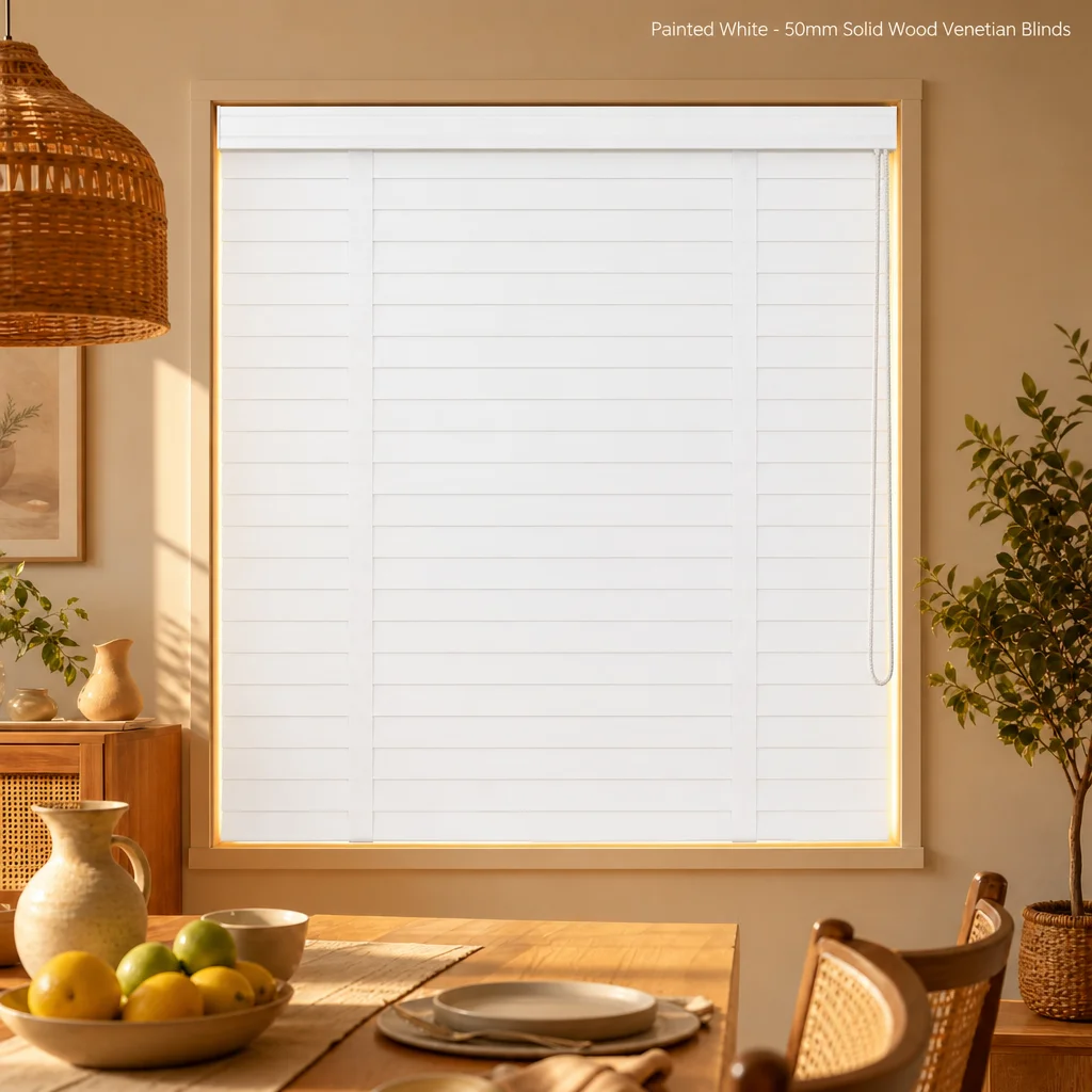 Painted White Solid Wood Venetian Blinds 50mm Ladder String Custom Dining Room - Image 6
