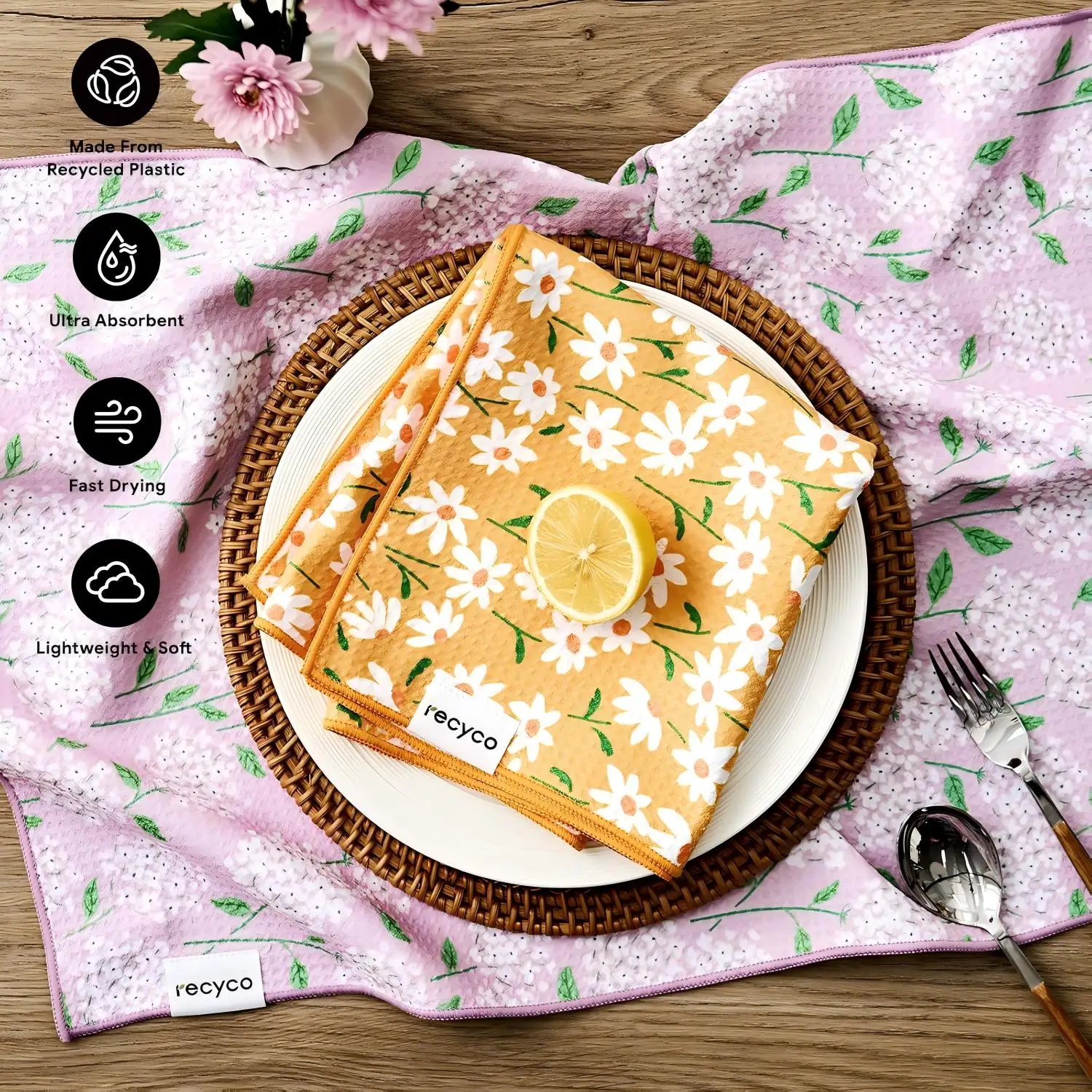 Personalized Floral Recycled Tea Towel - Super Absorbent Quick Dry Lightweight Reusable - Image 2