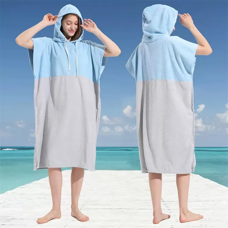 Quick-Dry Microfiber Terry Poncho Towel - Solid Color Splicing Hooded Swim Beach for Adult Surfing