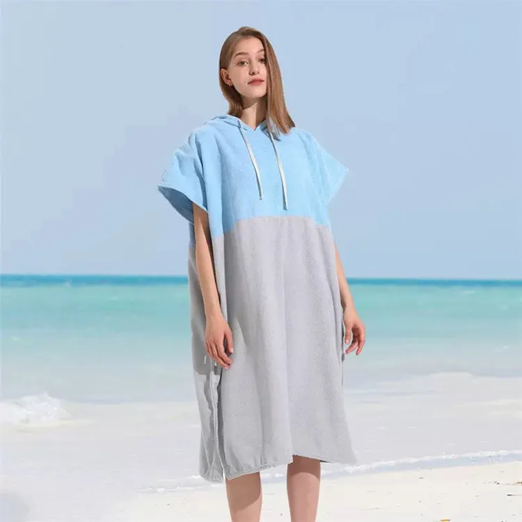 Quick-Dry Microfiber Terry Poncho Towel - Solid Color Splicing Hooded Swim Beach for Adult Surfing - Image 2