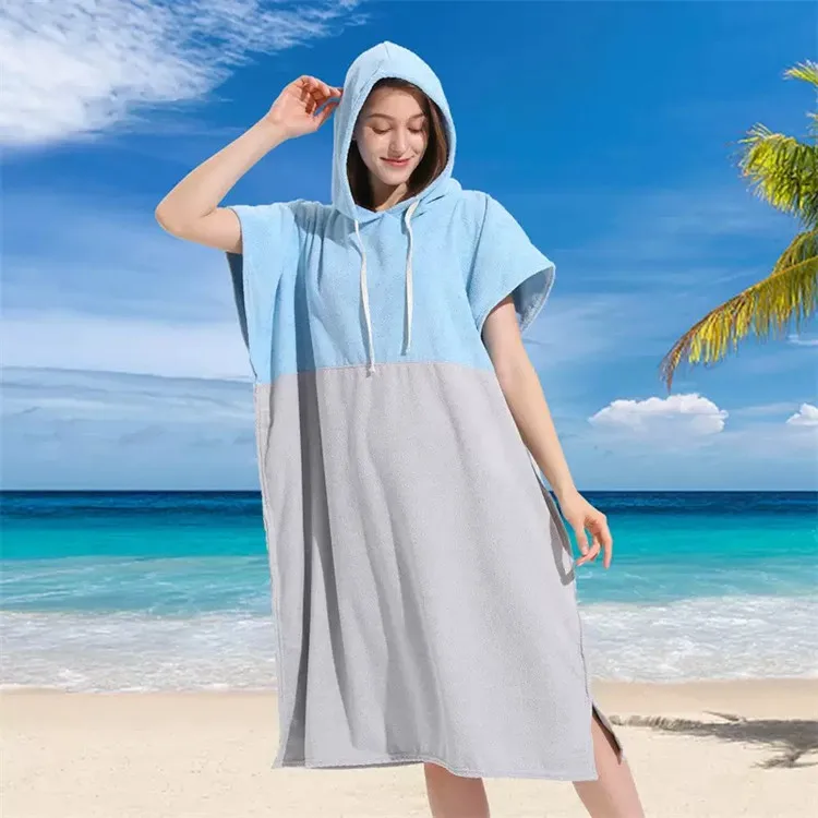 Quick-Dry Microfiber Terry Poncho Towel - Solid Color Splicing Hooded Swim Beach for Adult Surfing - Image 3