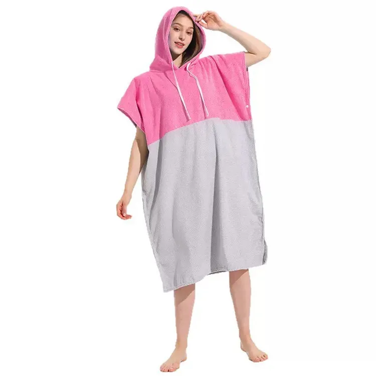 Quick-Dry Microfiber Terry Poncho Towel - Solid Color Splicing Hooded Swim Beach for Adult Surfing - Image 4