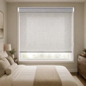 Semi-Sheer Gray Roller Shades Chain System Arc Headrail White Bead Chain Custom Size OEM Wholesale