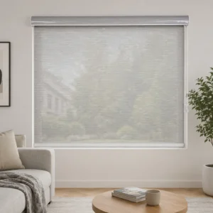 Semi-Sheer Roller Shades Gray Chain System Arc Headrail End Caps Safety Connector Custom Size Living Room